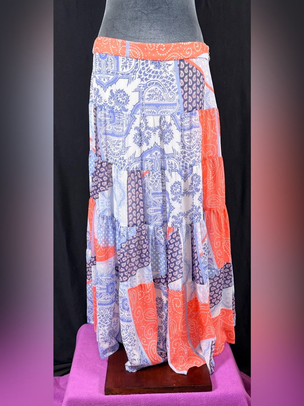 Tommy Hilfiger Patchwork Tiered Maxi Skirt - Blue & Coral Lined Flowy Side Zip